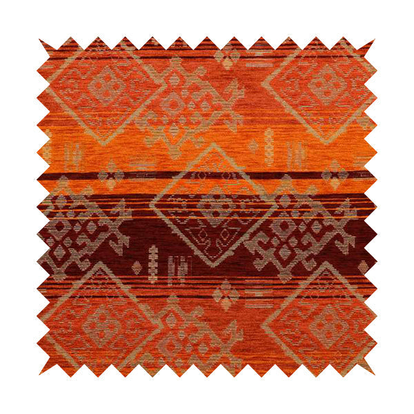 Bengal Kilim Aztec Pattern Collection In Soft Chenille Orange Burgundy Colour Upholstery Fabric CTR-292