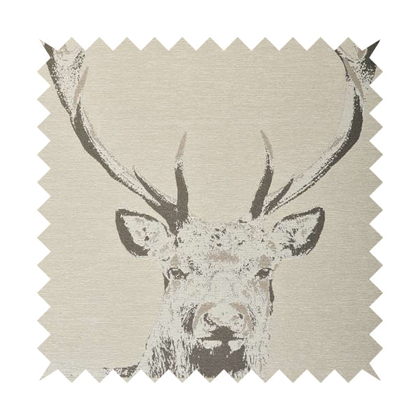 Beige Colour Stag Head Animal On Plain Background Pattern Soft Chenille Upholstery Fabric JO-212