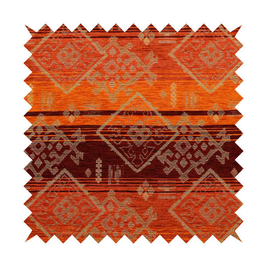 Bengal Kilim Aztec Pattern Collection In Soft Chenille Orange Burgundy Colour Upholstery Fabric CTR-292