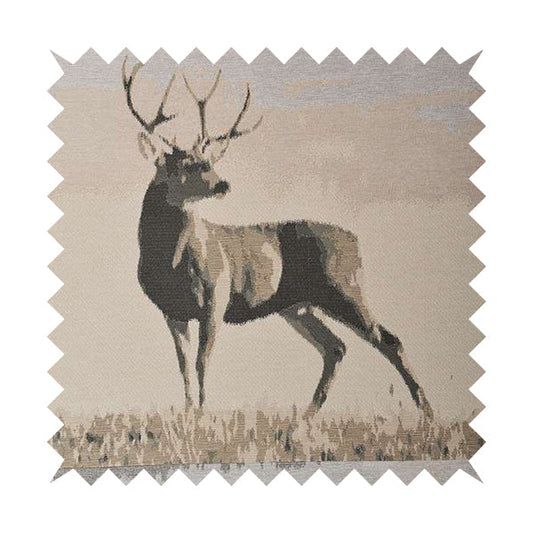 Beige Brown Colour Full Body Stag Animal In Scenery Pattern Soft Chenille Upholstery Fabric JO-209