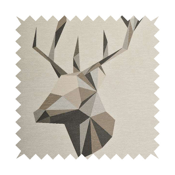 Beige Brown Colour Stag Head Animal In Geometric Pattern Soft Chenille Upholstery Fabric JO-210