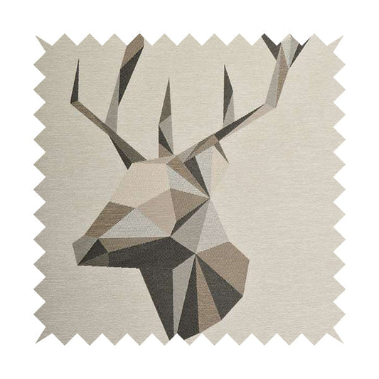 Beige Brown Colour Stag Head Animal In Geometric Pattern Soft Chenille Upholstery Fabric JO-210