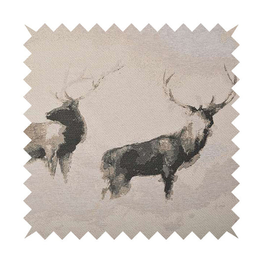 Beige Colour Two Full Stags Animal On Plain Background Pattern Soft Chenille Upholstery Fabric JO-211